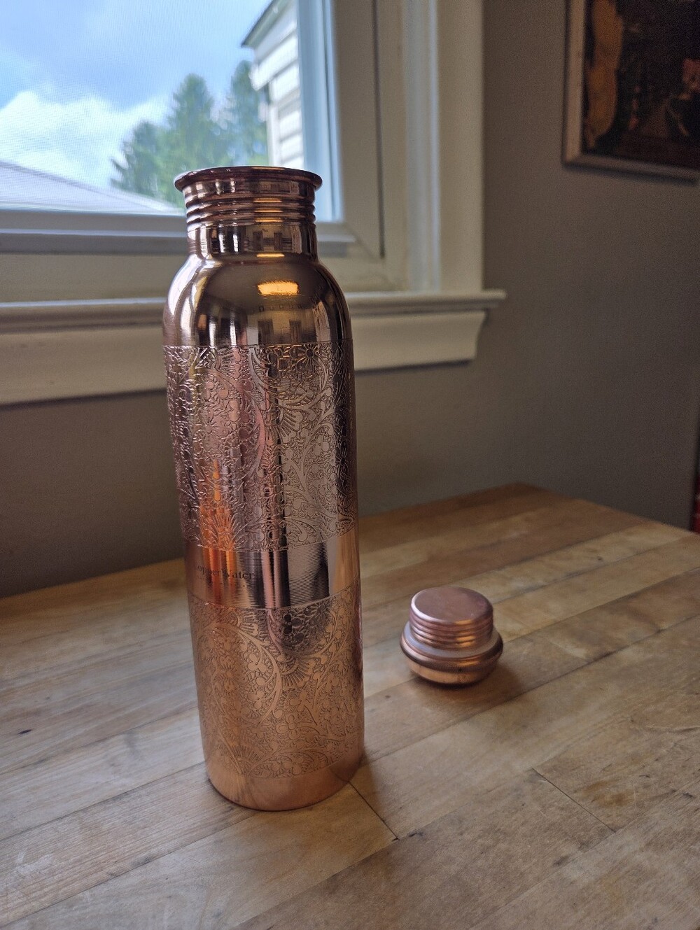Copper Water Ayurvedic Copper Bottle - Etched Flower Mandala Copper Finish - Picture 3 of 6